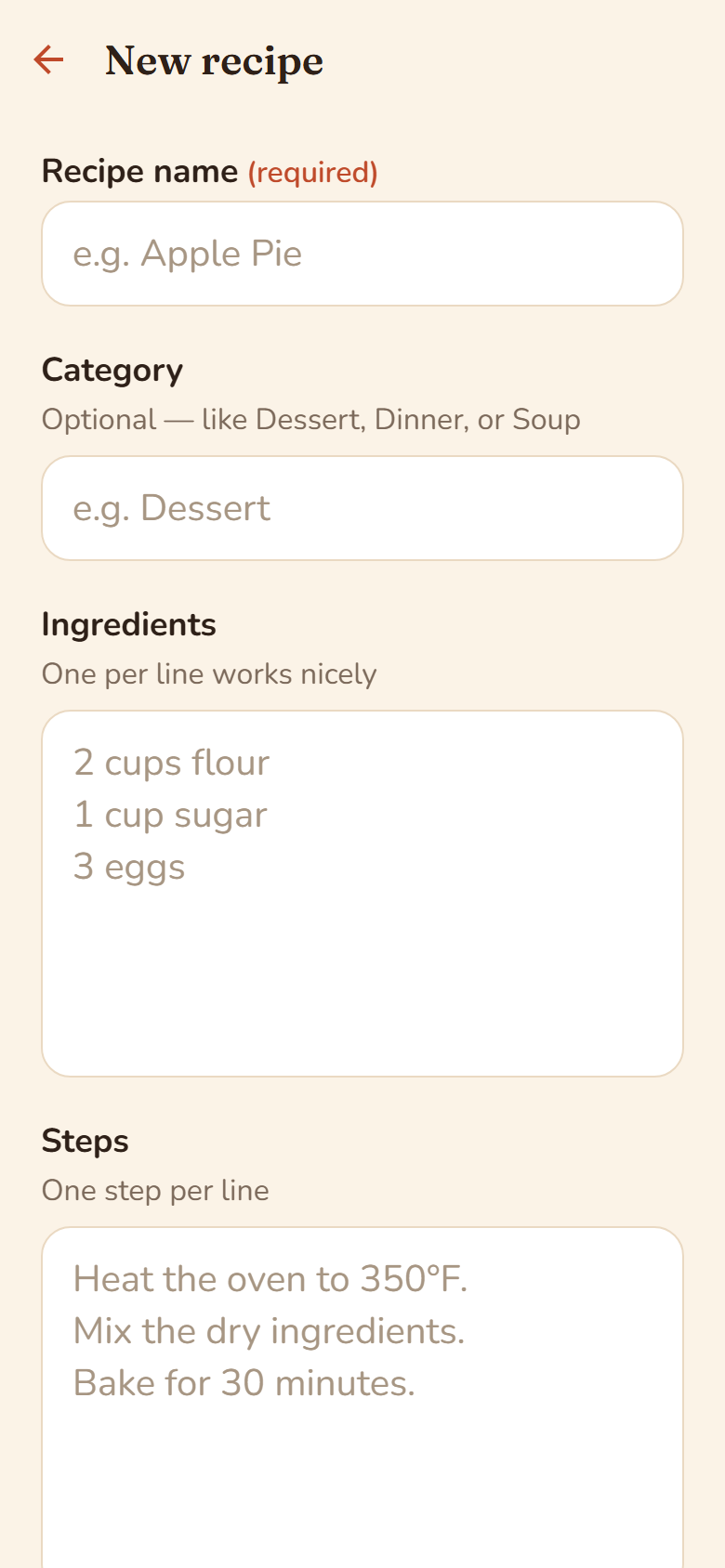 The Add recipe form with fields for name, category, ingredients and steps