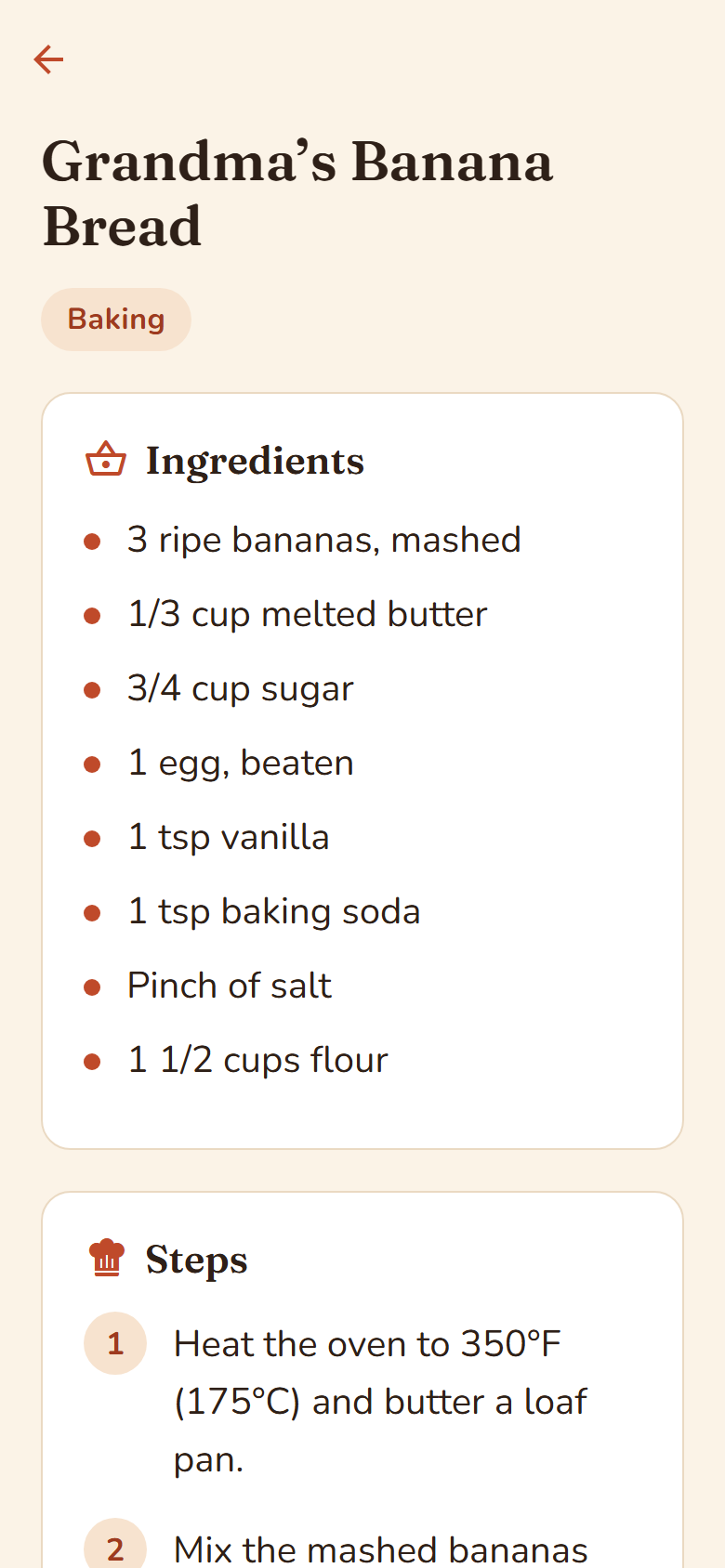 A recipe showing its ingredients and numbered steps in large type