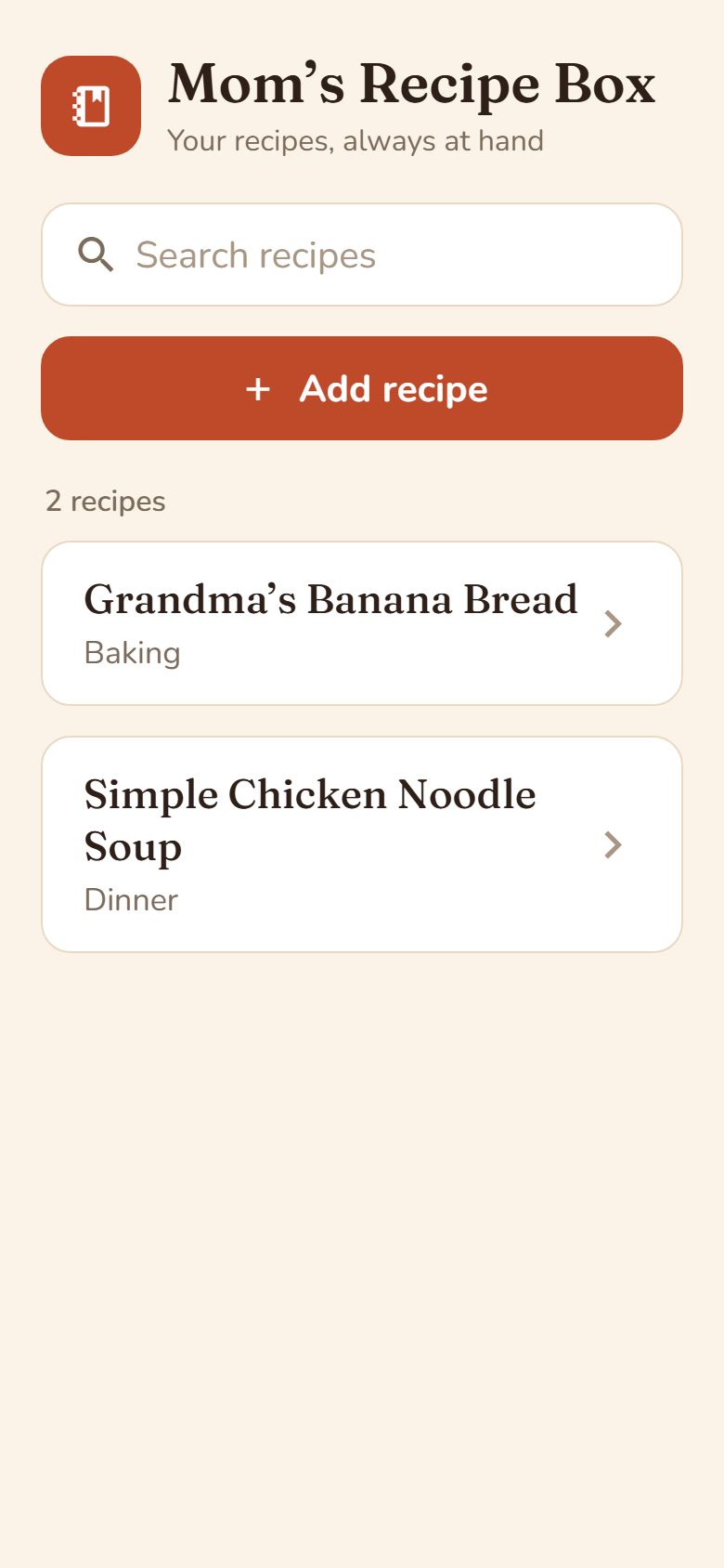 The recipe list with a search box and Add recipe button